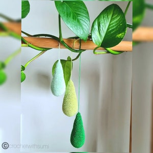 May include: Three crocheted teardrop-shaped ornaments hanging from a plant. The ornaments are green, light green, and a pale green colour.