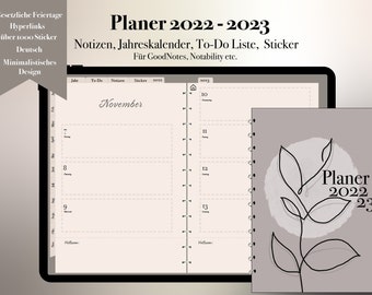 Digitaler Planer 2022 & 2023 Deutsch | Sticker, Jahresübersicht, To-Do, Notizen, Hyperlinks, Gesetzliche Feiertage, GoodnotesPlanner