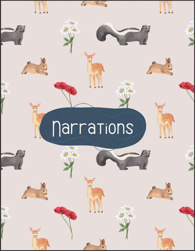 May include: A light pink background with a repeating pattern of white daisies, red poppies, brown rabbits, black and white skunks, and brown deer. The text "Narrations" is written in a dark blue circle.