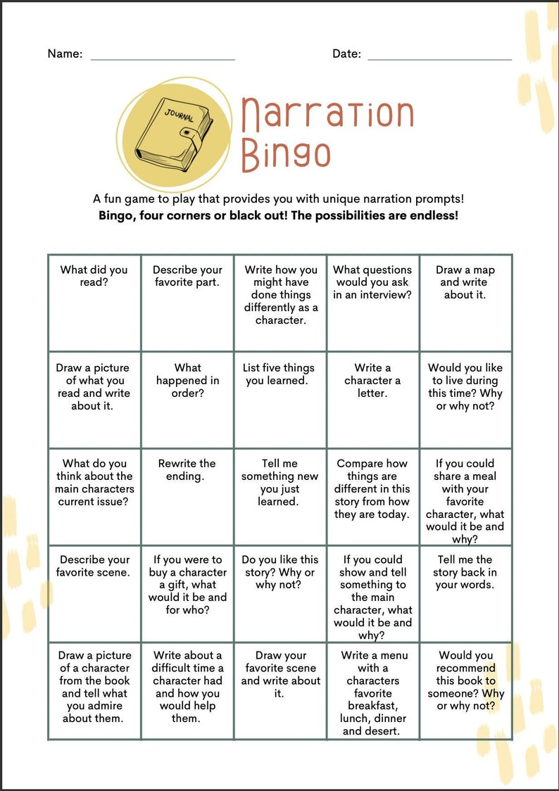 May include: A green and brown bingo card with the title "Narration Bingo". The card has 25 squares with prompts for creative writing exercises.  Each square has a different writing prompt, such as "What did you read?" or "Describe your favorite scene."