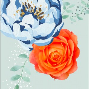 May include: A watercolor illustration of a blue and white flower and an orange rose with green leaves and white dots on a light blue background. The text "narrations" is written in orange at the bottom of the image.