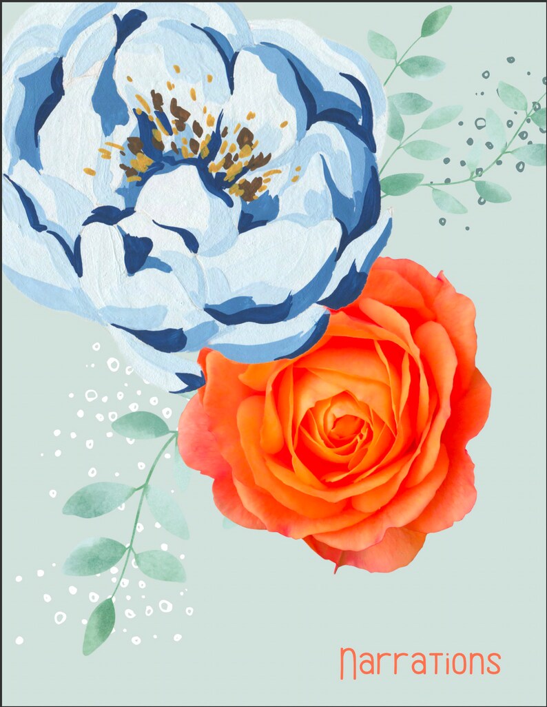 May include: A watercolor illustration of a blue and white flower and an orange rose with green leaves and white dots on a light blue background. The text "narrations" is written in orange at the bottom of the image.