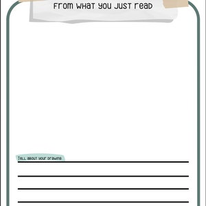May include: A white sheet of paper with the text "Draw a scene from what you just read" taped to a green frame. Below the frame is a lined section with the text "Tell about your drawing" in a green box.
