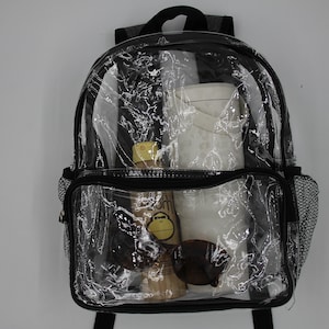Clear stadium-approved backpacks with large front pocket, soft, adjustable straps and water bottle compartments.