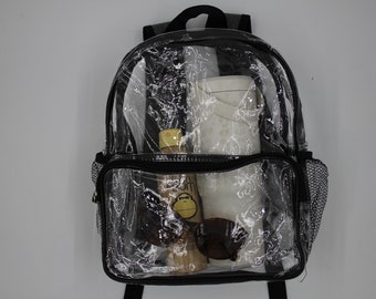 Clear stadium-approved backpacks with large front pocket, soft, adjustable straps and water bottle compartments.