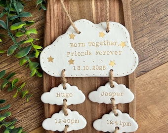 Personalised Clay Twin Baby Keepsake, Cloud Nursery Decor, Newborn Gift
