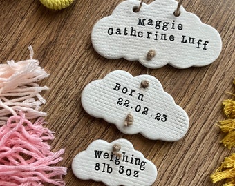 Personalised New Baby Clay Keepsake, Cloud Nursery Decor, Newborn Arrival Gift