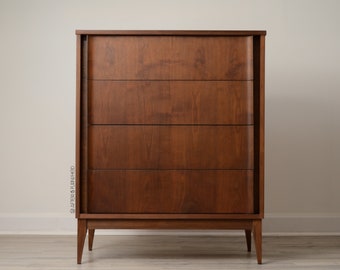 SOLD (Not Available) - Refinished Walnut MCM Mid-Century Modern Tall Dresser - Vintage 1970s Highboy