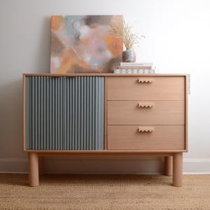 Light Blue Slatted Oak Nursery Dresser | Modern Wood Dresser | Solid Oak Dresser | Baby Changing Table Dresser | Minimalist Nursery Storage