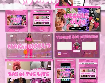 May include: A pink and white YouTube branding kit featuring the text "MARII" in a bubble font. The kit includes a range of graphics, such as a weekly vlog, a day in the life, and a thank you for watching screen. The kit also includes a logo with the text "MARII WORLD" in a bubble font.