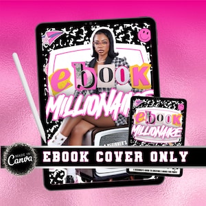 May include: Ebook cover mockup featuring a woman sitting on a vintage television set. The cover design is black and white with pink and yellow accents. The text on the cover reads "ebook millionaire".