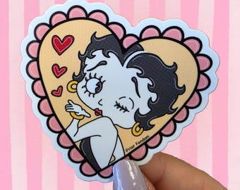 B boop vinyl sticker, laced heart, vintage cartoons, retro, kawaii, blowing kiss, rubberhose, aesthetic, pink, animation