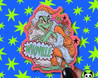 Pegatina del tipo verde, pegatina del malo, Navidad retro, retro, Navidad colorida, pegatina navideña, vintage, monstruo verde, cosas para calcetines navideños