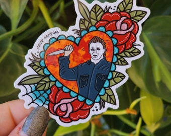 Michael vinyl sticker, horror movie, halloween, retro, spooky, halloween, heart, roses, serial killer, floral, thriller movie