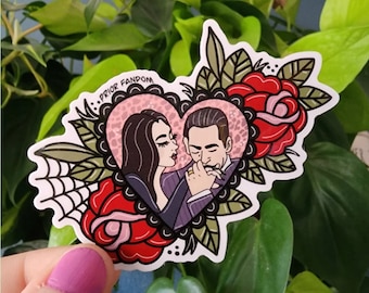 Lovers vinyl sticker, addams, horror, spooky, tv shows, hearts, roses, thriller, alternative, romance
