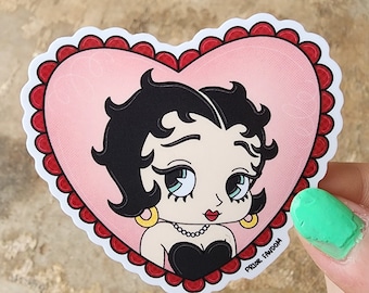 Betty boop vinyl sticker, laced heart, vintage cartoons, retro, kawaii, blowing kiss, rubberhose, aesthetic, pink, animation