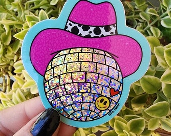 Glitter disco ball vinyl sticker, sparkly disco, cowboy hat, retro, kawaii, nostalgic , dance, aesthetic, hot pink, smiley face, 70s era