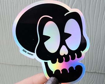 Holographic skeleton head vinyl sticker, sparkly, shiny, vintage cartoons, retro, kawaii, skelly, rubberhose, aesthetic, Anatomy, Halloween