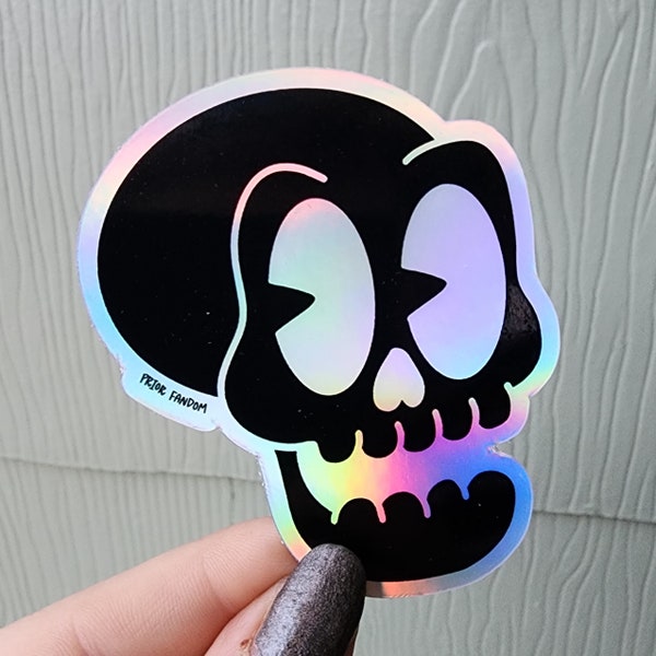 Holographic skeleton head vinyl sticker, sparkly, shiny, vintage cartoons, retro, kawaii, skelly, rubberhose, aesthetic, Anatomy, Halloween