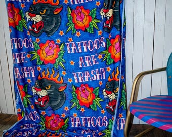 Tattoos are trashy blanket, tatted up blanket, roses, retro, quirky tattoo, grunge, black and white, alternative, Gothic, fun, panther, edgy