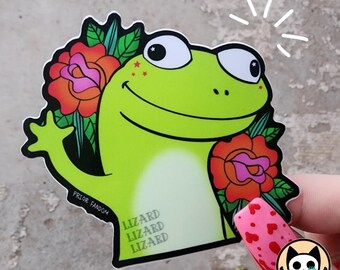 Lizard vinyl sticker, Lizard meme, grunge, retro, kawaii, funny sticker, roses, tattoo style, floral, Lizard Lizard Lizard, brainrot