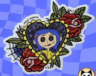 Button eyed girl vinyl sticker, horror movie, halloween, retro, spooky, halloween, heart, roses, rain coat, floral, thriller movie