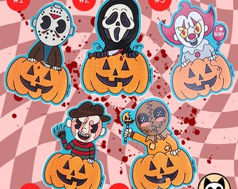 Horror character vinyl sticker, slasher movie, halloween, retro, spooky, clown, pumpkin, jack-o-lantern, scary movie, thriller movie