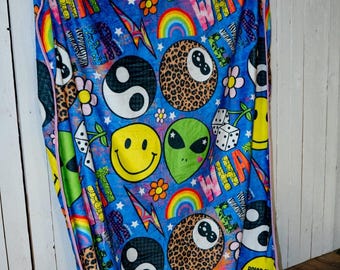 Dopamine blanket, alien, 8 ball, groovy, 90's Y2K blanket, rolling dice, eclectic, maximalist, bedding, rainbow, aesthetic retro, cozy