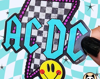 Acdc vinyl sticker, grunge, lightning bolt, retro, band sticker, roses, punk rock, music, 90s band, rock music, checkered, back in black
