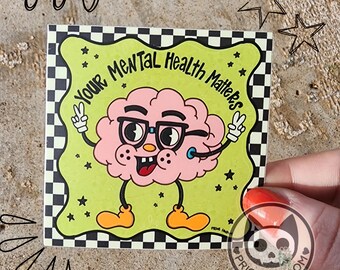 Mental health vinyl sticker, green ribbon, vintage cartoons, retro, your mental health matters, rubberhose, aesthetic, awareness, brain