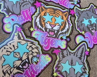Pegatinas de espíritu escolar con mascotas, día de partido, tigres, lobos, bulldogs, cardenales, gatos monteses, coyotes, mascotas neón, equipo deportivo, coloridas, calcomanía