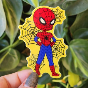 Chibi spider stickers, comic book, pop art, colorful, superheroes, bright, retro, spiderweb, gaming, movies