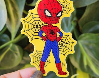 Chibi spider stickers, comic book, pop art, colorful, superheroes, bright, retro, spiderweb, gaming, movies