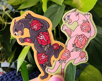Tattoo style panther stickers, cuphead style, rubberhose, rose panthers, vintage color, pink panther, black cat, red roses, pink, retro, cat