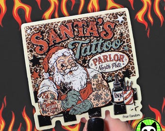 Pegatina de Papá Noel estilo tatuaje, Papá Noel alternativo, Papá Noel retro, Polo Norte, Papá Noel retro vintage, estampado de leopardo, tatuaje tradicional, plantilla de tatuaje