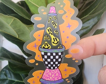 Clear lava lamp sticker, checkered print, smiley face, groovy, 90s aesthetic, 90s baby, funky, cheetah print, colorful, pastel, optimistic