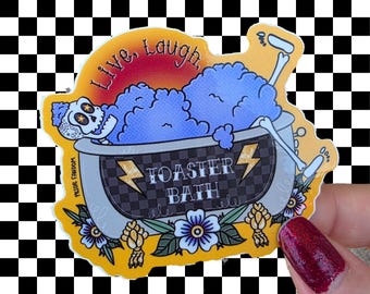 Pegatina de baño con tostadora "Live laugh", esqueleto, baño de burbujas, pegatina estilo tatuaje tradicional, alternativa, estética emo, retro, humor negro y2k