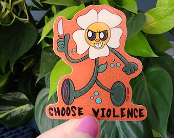 Choose violence vinyl sticker, retro smiling flower with knife, holding knife, funny sticker, daisy, tulip, sunflower, rubberhose, cuphead