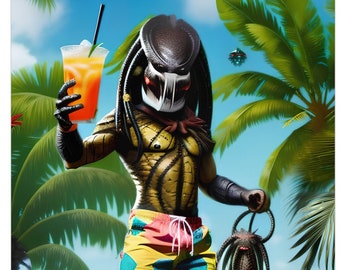 Predator in Paradise: Tiki Bar Vacation Art Print - Vintage Sci Fi Predator Tiki Drink Poster Wall Art