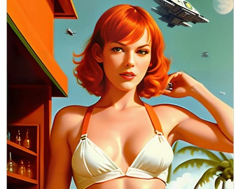 Leeloo at the Tiki Bar - The Fifth Element Tiki Wall Art - Milla Jovovich Pinup Vintage Wall Poster