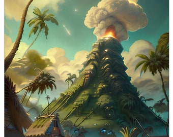 Stunning Volcano Eruption Poster | Native Tiki Village Artwork | Vibrant Tropical Decor | Tiki Wall Art | Home Wall Decor