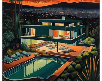 Retro LA Mid-Century Modern House Print - Sunset Overlooking Los Angeles MCM Wall Art