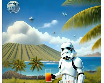 Poster di Stormtrooper al Tiki Bar - Death Star Tiki Wall Art - Stampa di Star Wars Tiki Room - Pinup retrò galattica MCM Mid Century Decor