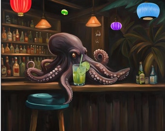 Tiki Tales of the Octopus: Wall Art Print Capturing the Mysterious Vibe of an Octopus in a Tiki Bar