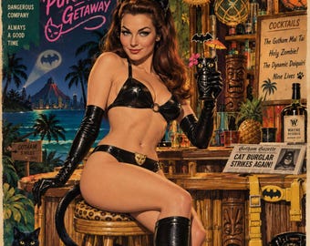 El escondite tiki de Catwoman - Lámina artística estilo pin-up retro de los años 60 para bar tiki