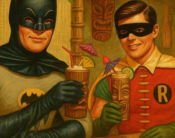 Vintage Tiki Batman & Robin Poster - Retro Pinup Style Wall Art, Superhero Tiki Bar Print