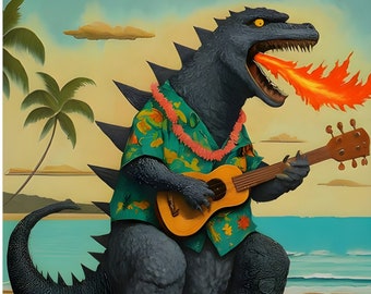 Godzilla Playing the Ukulele - Tiki Bar Wall Art - Movie Monsters Tiki Room