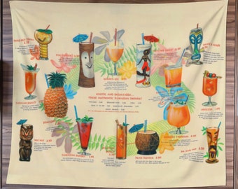 Retro Tiki Drink Menu Wall Tapestry - Vintage Delight for Your Home Bar! Exotic Decor & Nostalgic Wall Hanging - Hawaiian Village Tiki Time