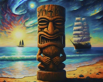 Decoración exótica Tiki: ídolo vibrante en la playa con estampado de veleros