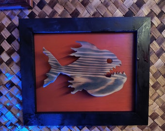 Tiki Piranha Wood Carving Framed Wall Art - One of a Kind - Signed by Artist